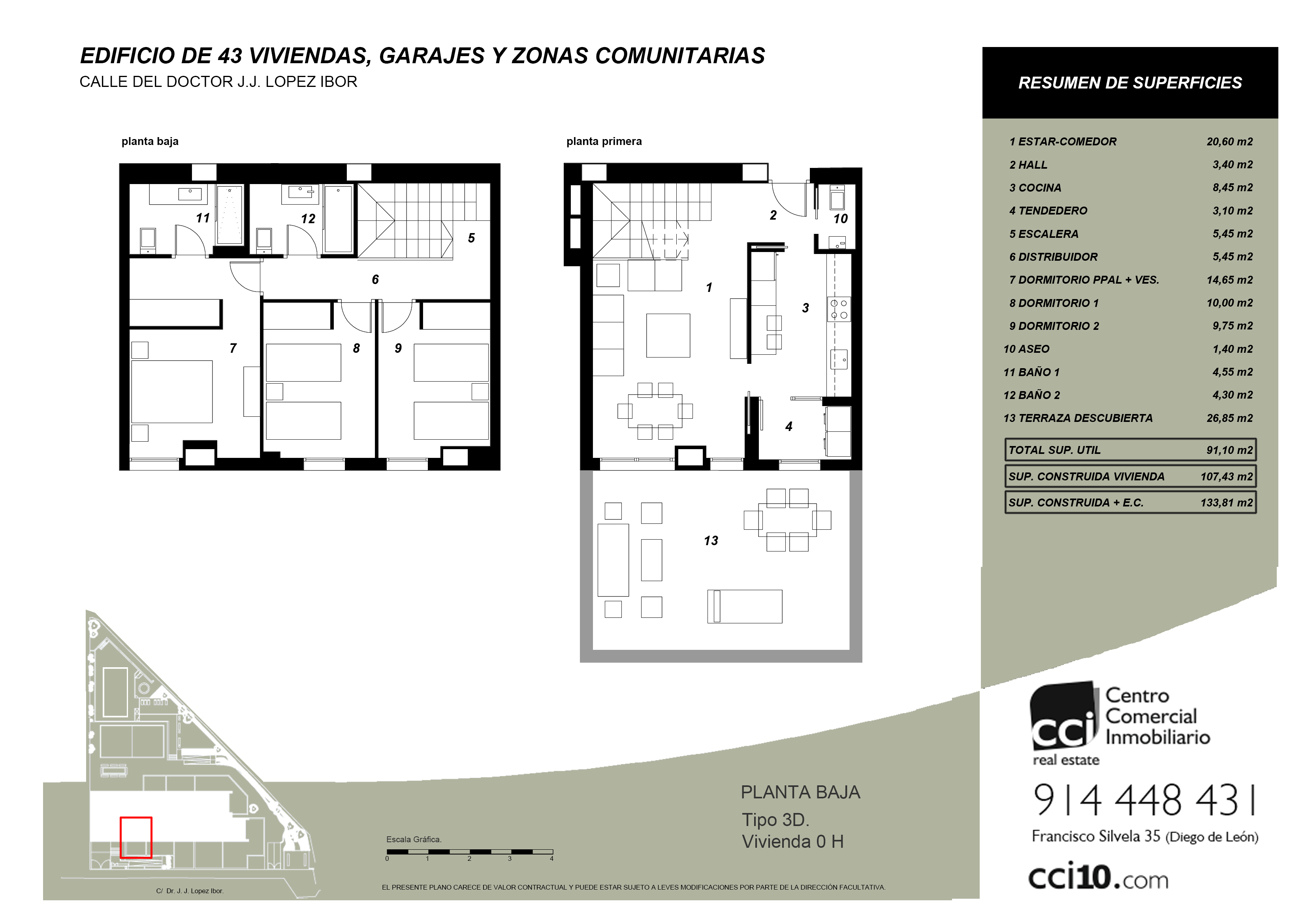 Plano casas puerta de hierro Madrid de 3 dormitorios