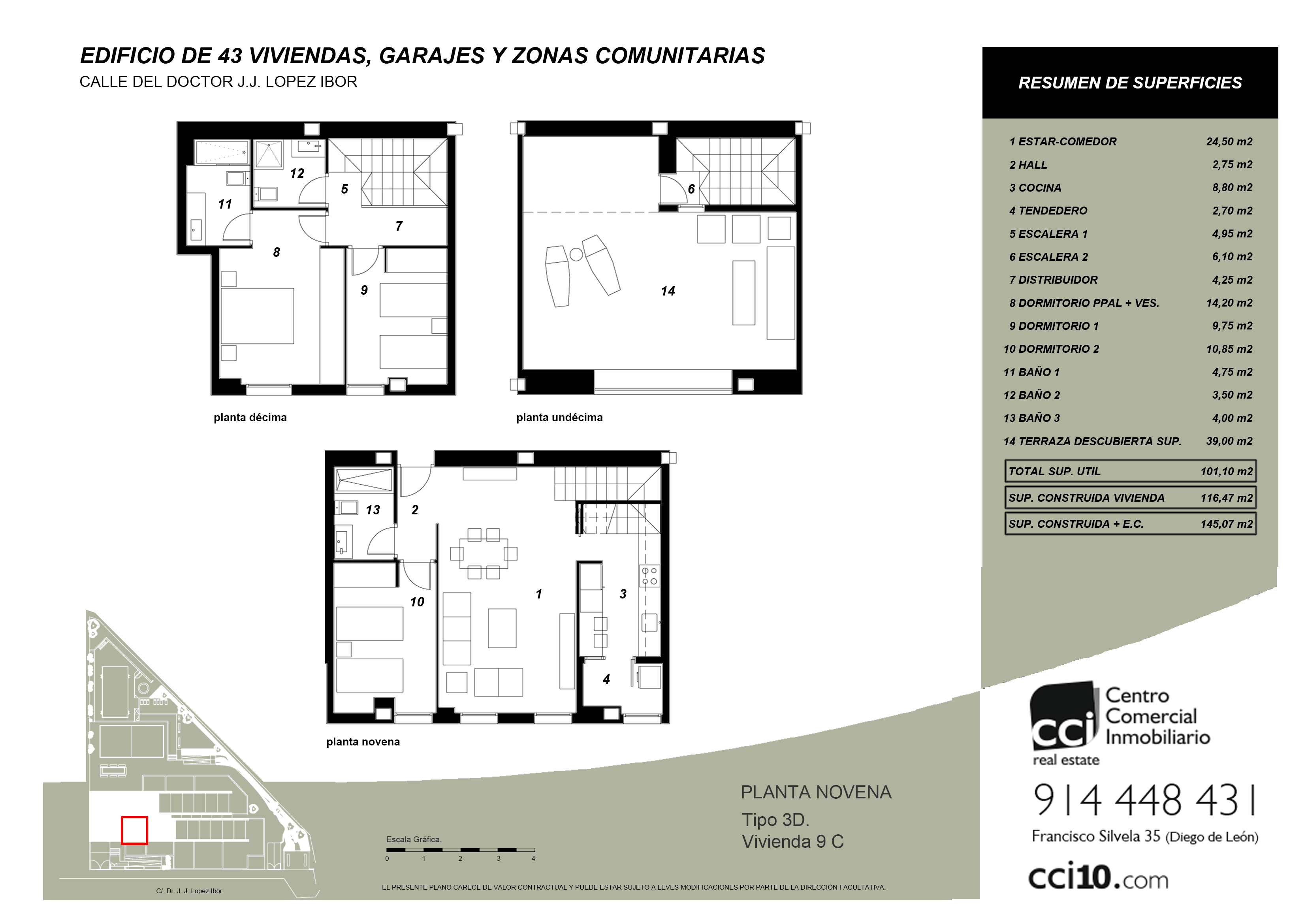 Plano casas puerta de hierro Madrid de 3 dormitorios con terraza